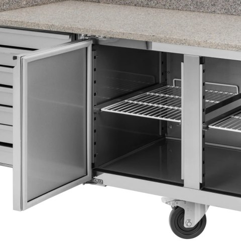 Stół chłodniczy do pizzy 2 komory 7 szuflad na kółkach 390 l 202 x 80 x 100 cm Stół chłodniczy do pizzy 2 komory 7 szuflad na kółkach 390 l 202 x 80 x 100 cm