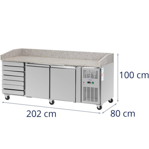 Stół chłodniczy do pizzy 2 komory 7 szuflad na kółkach 390 l 202 x 80 x 100 cm Stół chłodniczy do pizzy 2 komory 7 szuflad na kółkach 390 l 202 x 80 x 100 cm